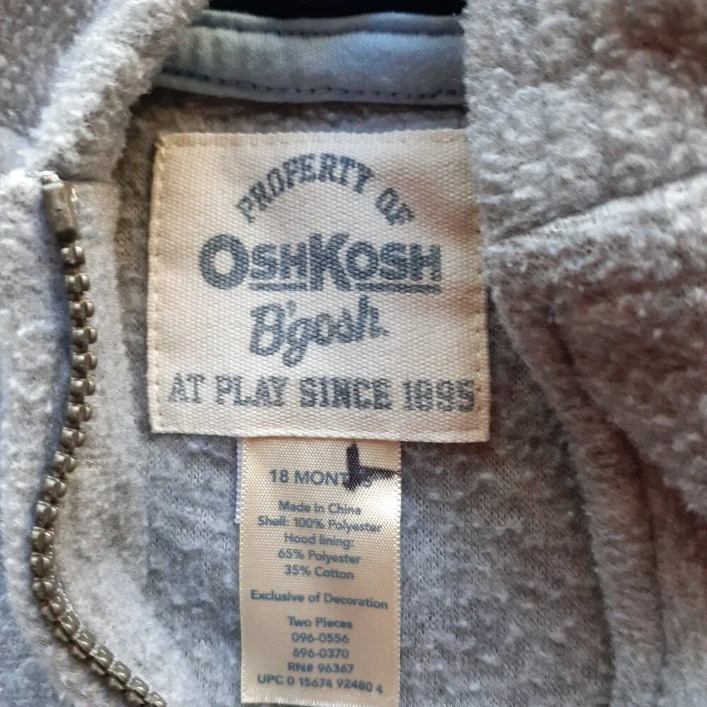 Oshkosh Boys Jacket Sweatshirt Gray Fleece Hoodie Dog 18 Months